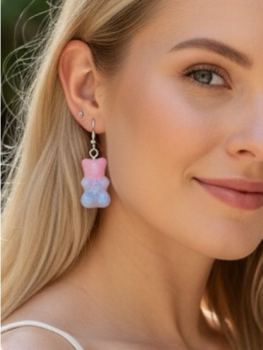 Pastel Ombre Gummy Bear Earrings Pink Blue Glitter Kawaii Candy Resin Earrings